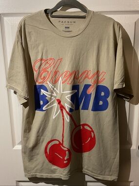 PacSun Khaki 'Cherry Bomb' Graphic Tee with Red & Blue Print
